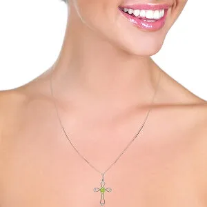 0.57 Carat 14K Solid White Gold Cross My Heart Peridot Diamond Necklace