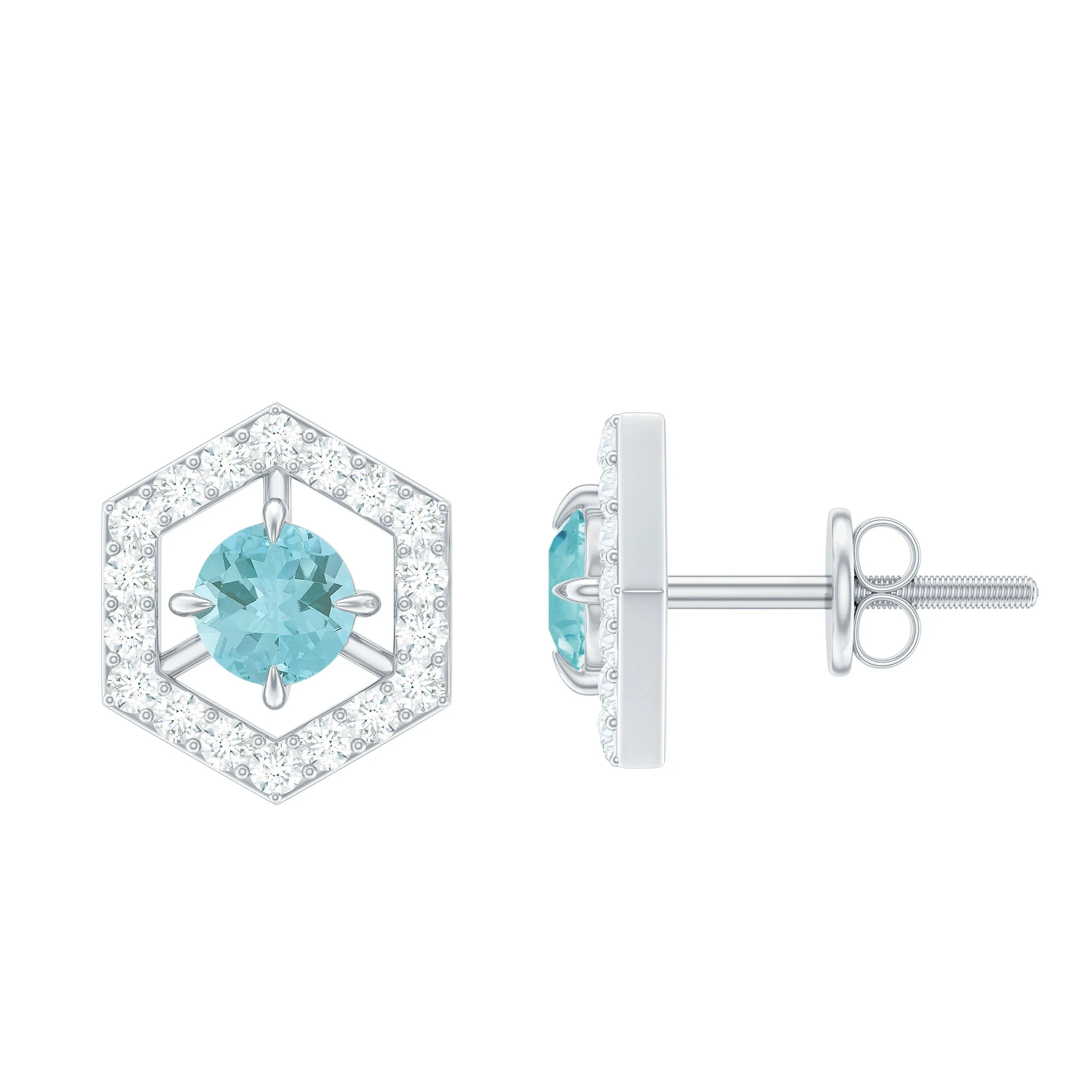 1 CT Minimal Sky Blue Topaz and Diamond Geometric Stud Earrings