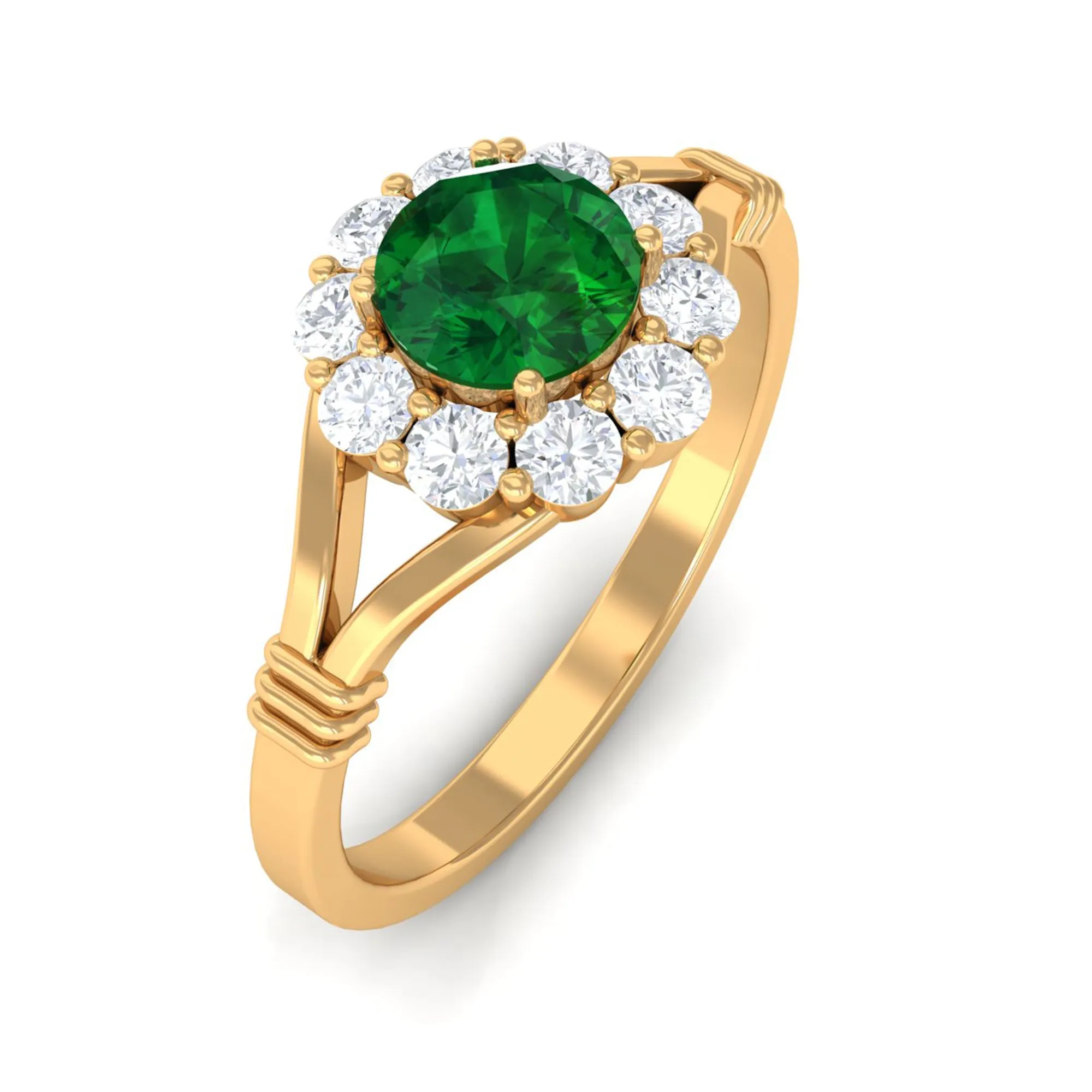 1 CT Round Created Emerald Flower Ring with Diamond Halo in Split Shank