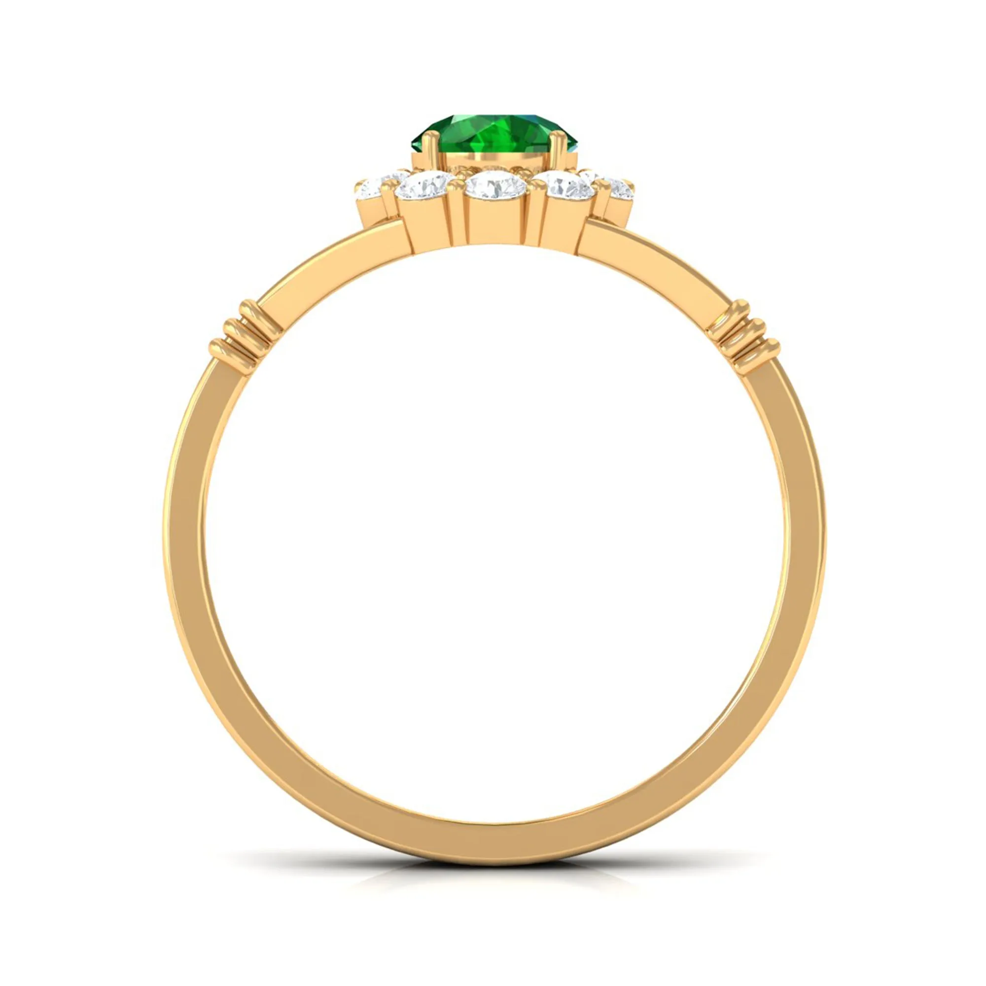 1 CT Round Created Emerald Flower Ring with Diamond Halo in Split Shank