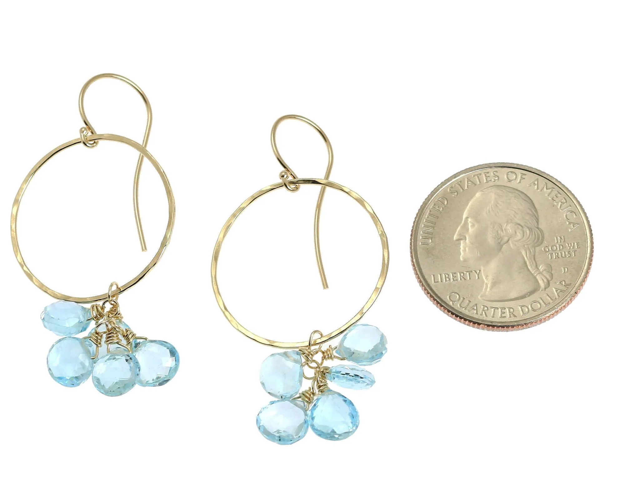 14K Hammered Gold Earrings with Blue Topaz