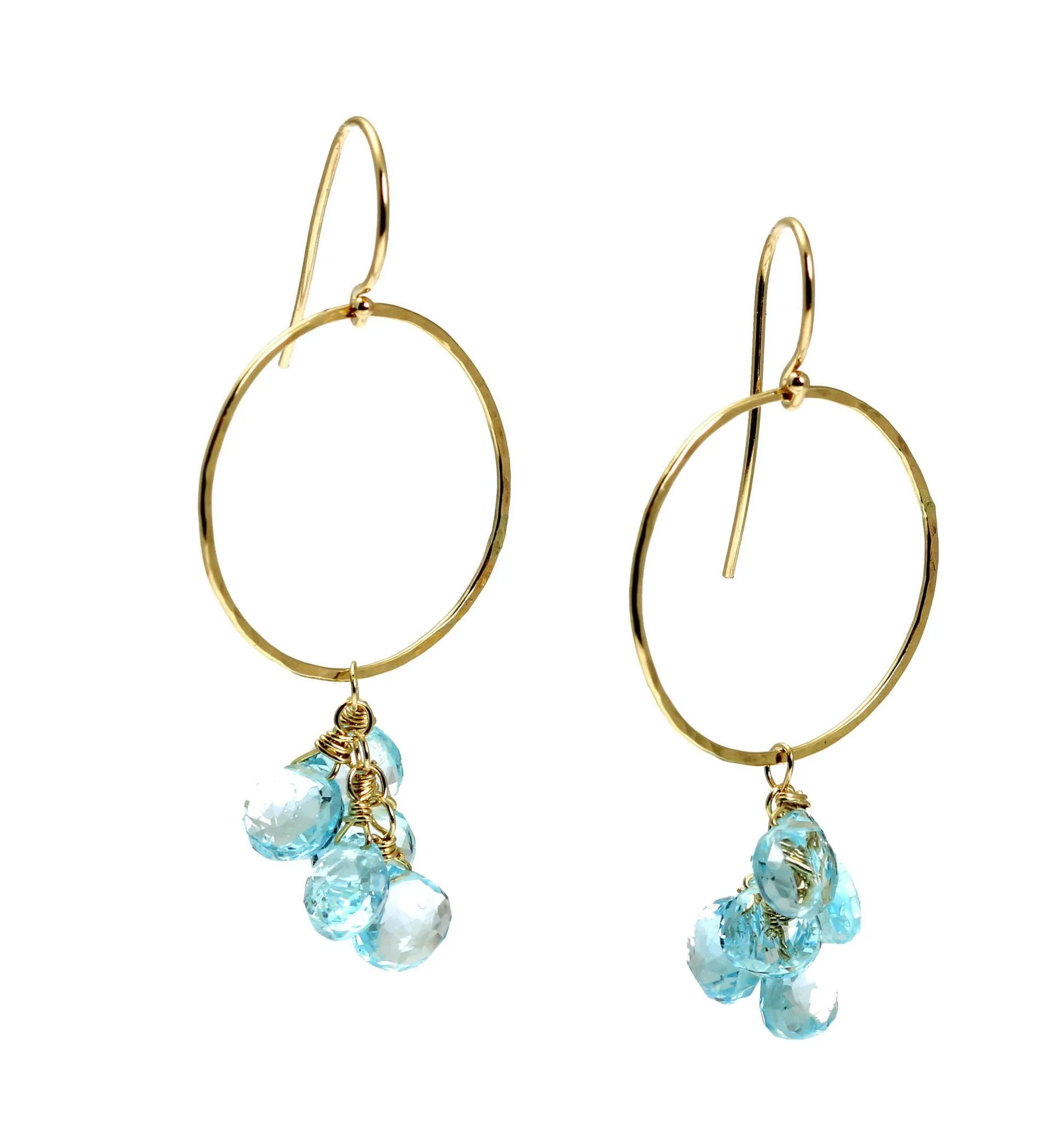 14K Hammered Gold Earrings with Blue Topaz