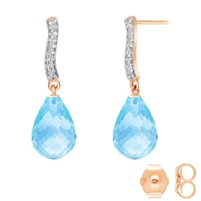 14K Solid Rose Gold Diamond & Blue Topaz Jewelry Earrings