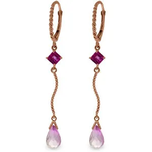 14K Solid Rose Gold Leverback Earrings w/ Pink Topaz