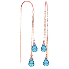 14K Solid Rose Gold Threaded Dangles Earrings Blue Topaz Jewelry