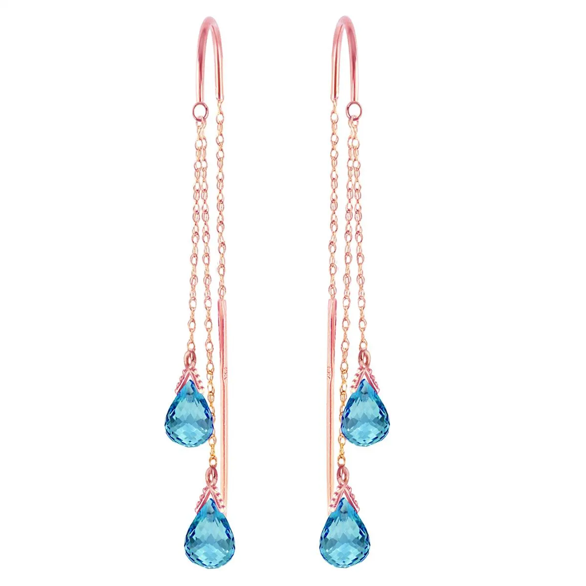 14K Solid Rose Gold Threaded Dangles Earrings Blue Topaz Jewelry