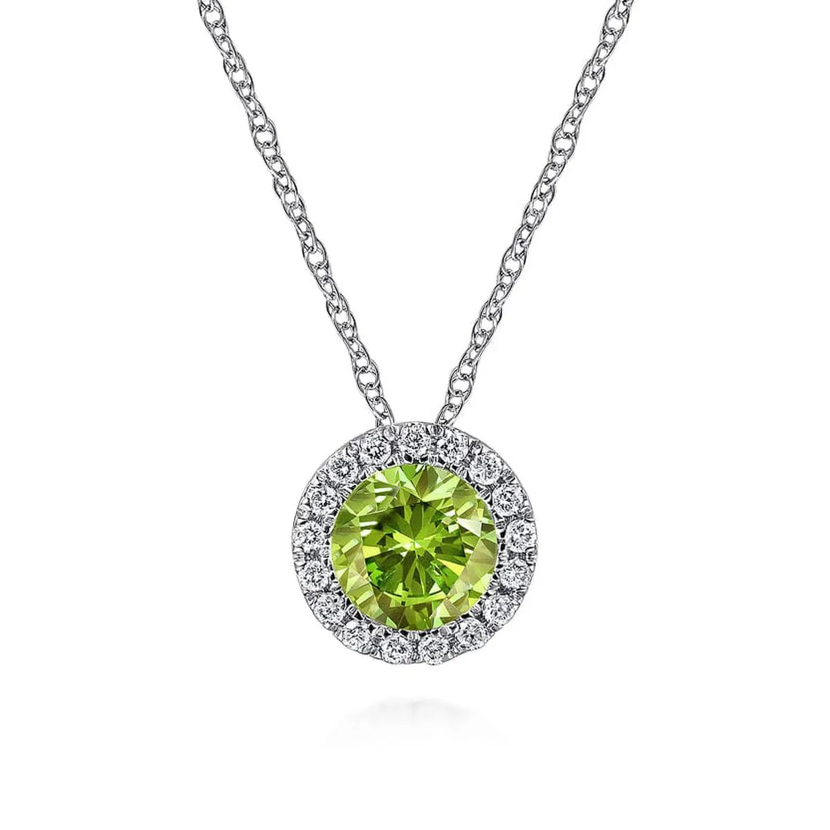 14K White Gold Peridot and Diamond Halo Pendant Necklace - NK2824W45PE