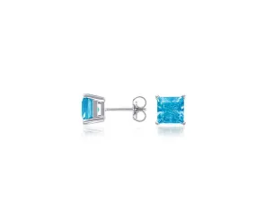 14k White Gold Plated  1/2 Carat Princess Cut Created Blue Topaz Sapphire Stud Earrings