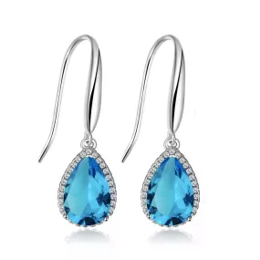 14k White Gold Plated 1/2 Ct Created Blue Topaz Teardrop Earrings