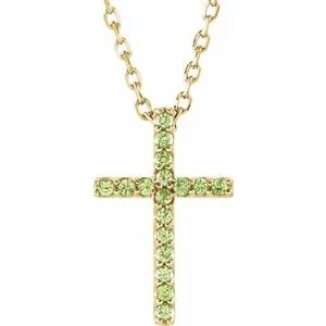 14K White Natural Peridot Petite Cross 16" Necklace