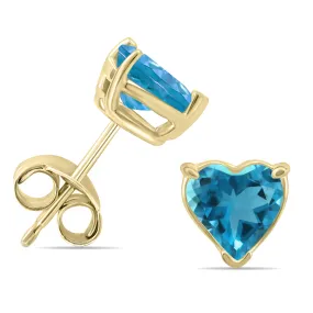 14K Yellow Gold 5Mm Heart Blue Topaz Earrings