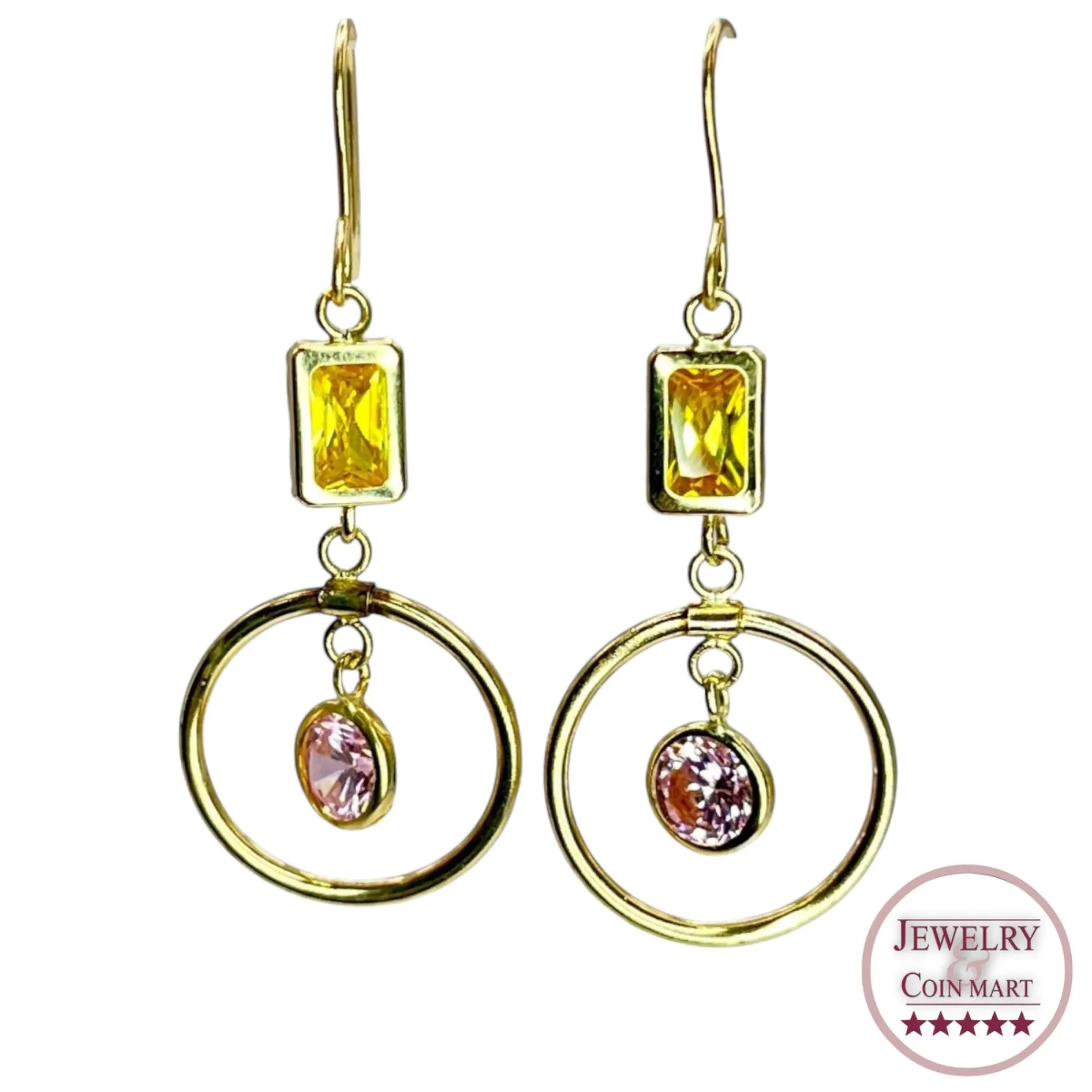 14k Yellow Gold Circle Dangle Drop Earrings Citrine Pink Topaz Round Colorful