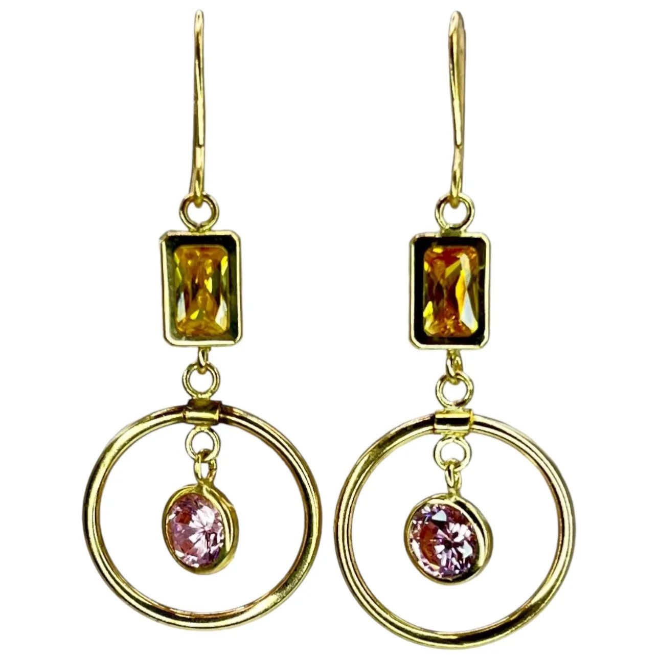 14k Yellow Gold Circle Dangle Drop Earrings Citrine Pink Topaz Round Colorful