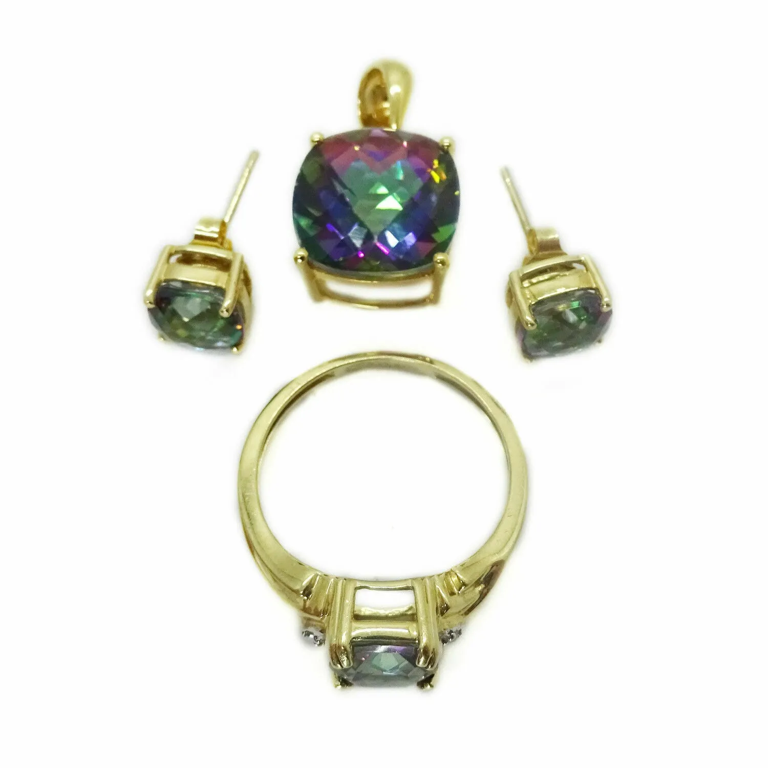 15  ct tw Mystic Topaz Pendant Ring & Earrings 10k/14k Gold Jewelry Set