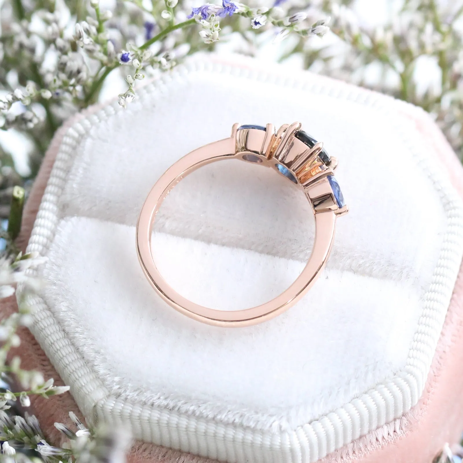 1.65 Ct Round Blue Sapphire Ring in 14k Rose Gold 3 Stone Ring, Size 6