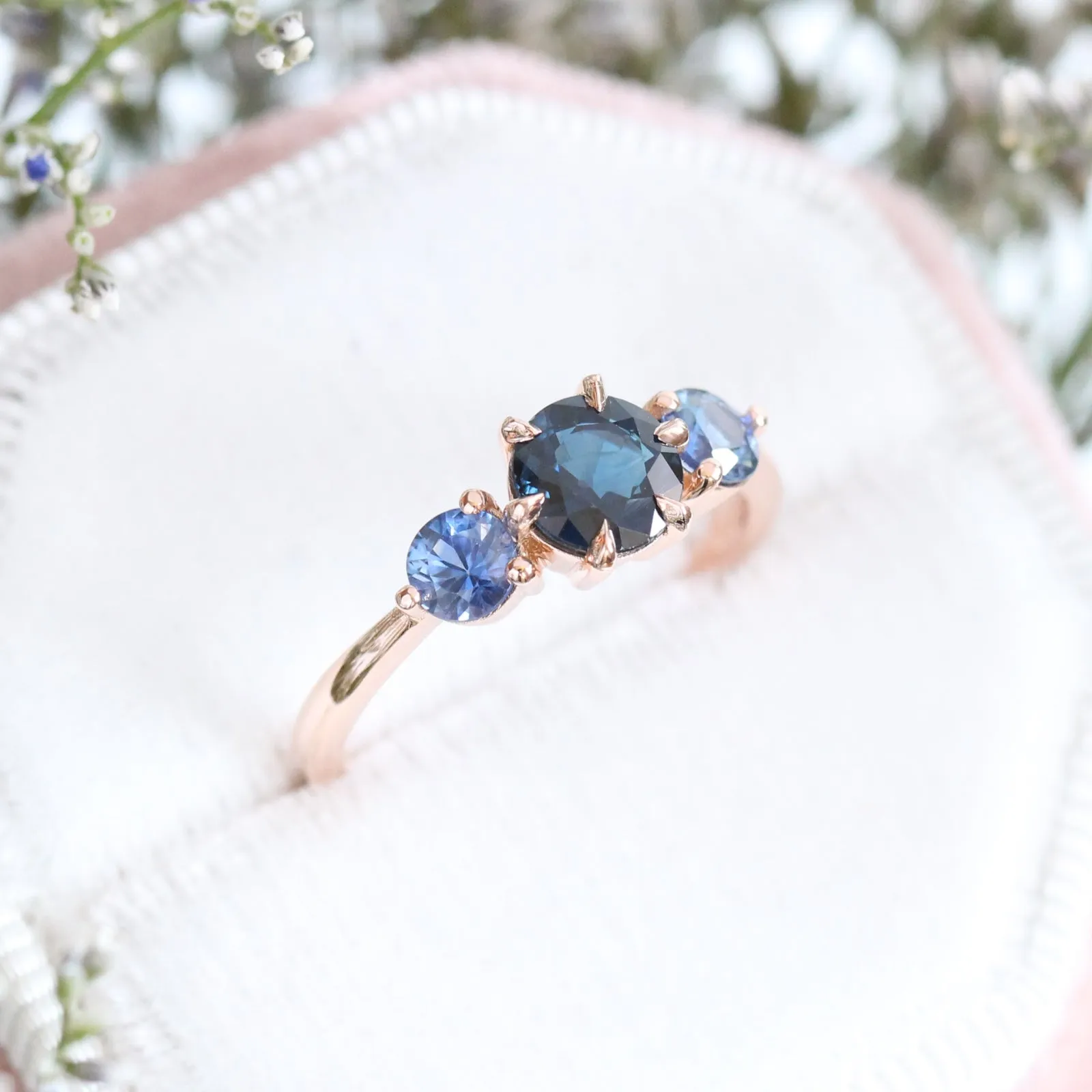 1.65 Ct Round Blue Sapphire Ring in 14k Rose Gold 3 Stone Ring, Size 6