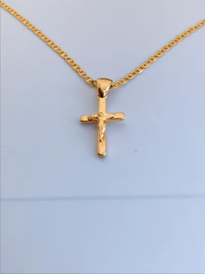 18K Gold Filled Cross Necklace, Mariner Link Chain, Flat Cross Pendants 19x11mm