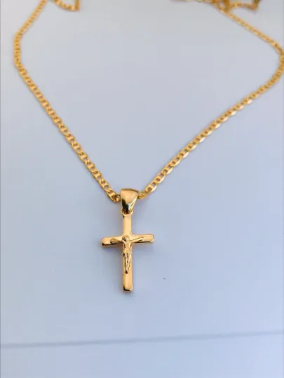 18K Gold Filled Cross Necklace, Mariner Link Chain, Flat Cross Pendants 19x11mm