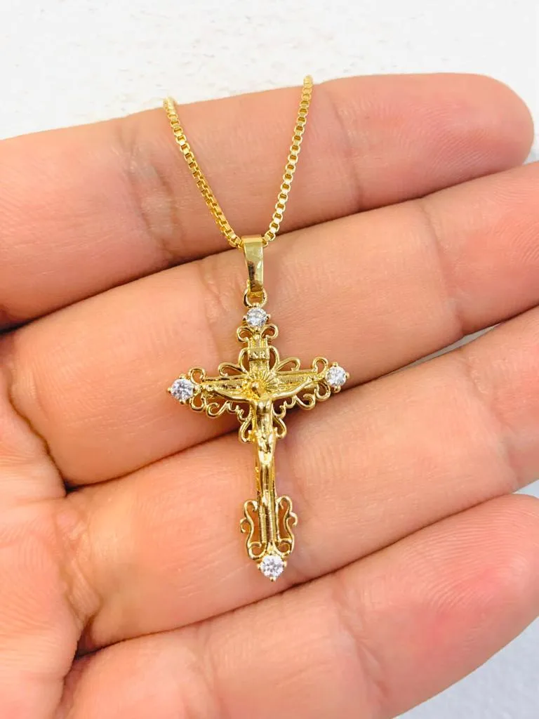 18K Gold Filled Jesus Cross Necklace CZ Stone Box Link Chain 18" INCH For Womens