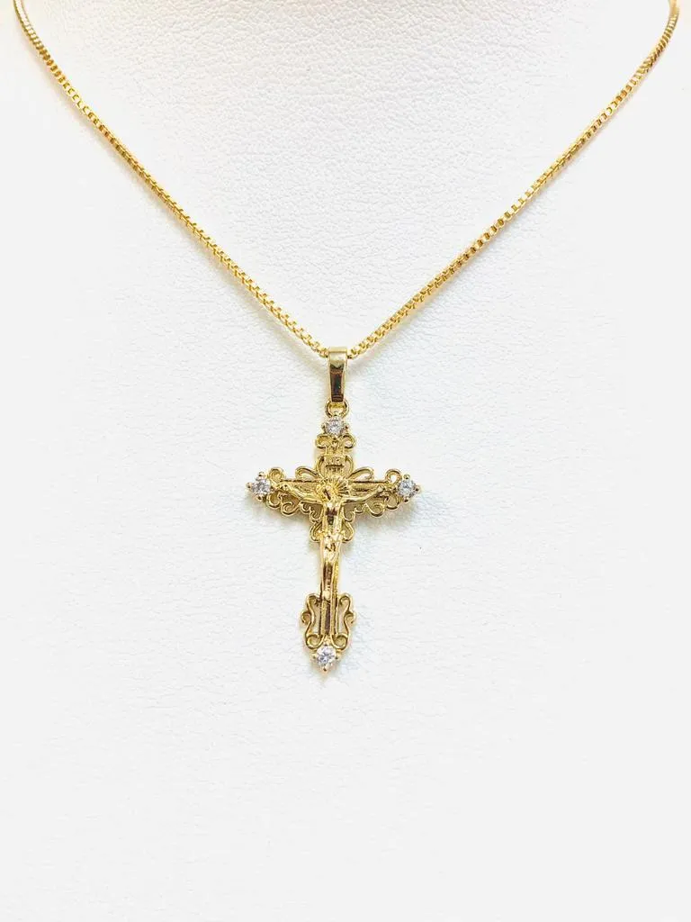 18K Gold Filled Jesus Cross Necklace CZ Stone Box Link Chain 18" INCH For Womens