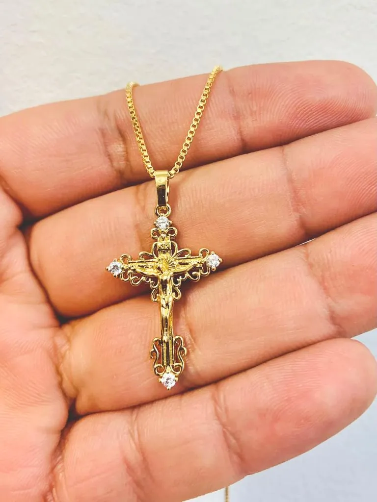 18K Gold Filled Jesus Cross Necklace CZ Stone Box Link Chain 18" INCH For Womens