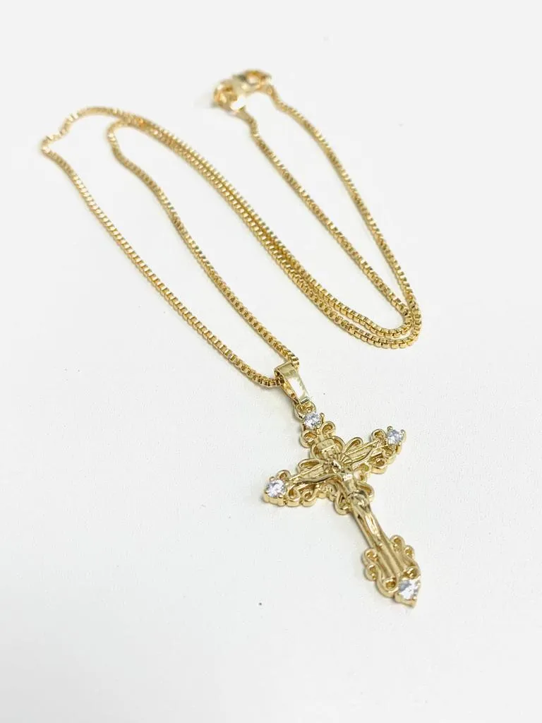 18K Gold Filled Jesus Cross Necklace CZ Stone Box Link Chain 18" INCH For Womens