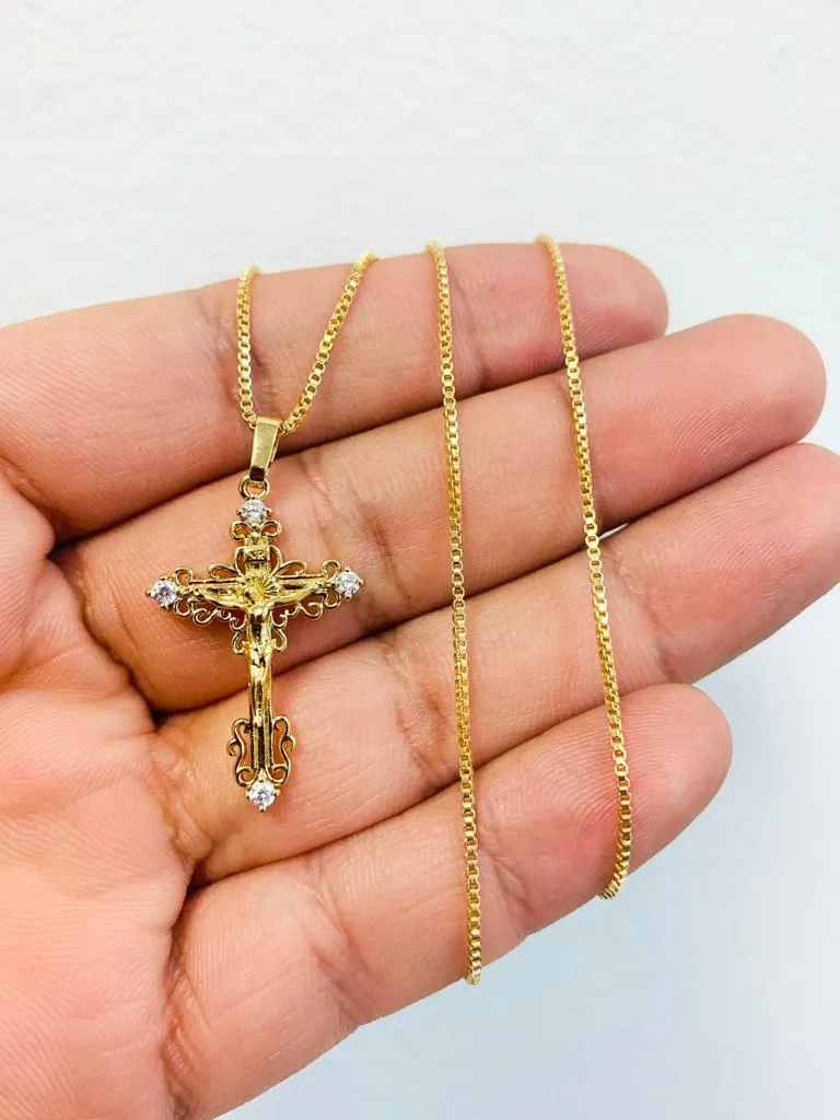 18K Gold Filled Jesus Cross Necklace CZ Stone Box Link Chain 18" INCH For Womens