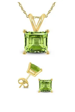 18K Yellow Gold 1/2ct Created Peridot CZ Square 18 Inch Necklace and Earrings Set Plated