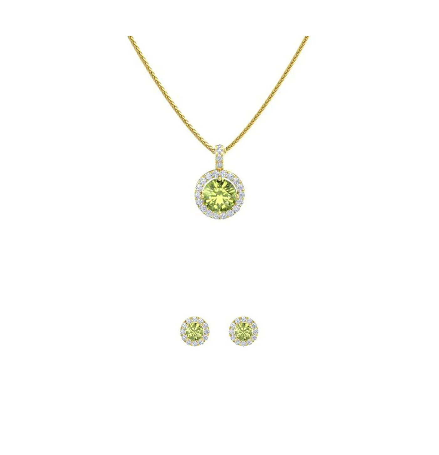 18K Yellow Gold 1/2ct Halo Peridot Round 18 Inch Necklace and Halo Earrings Set Plated