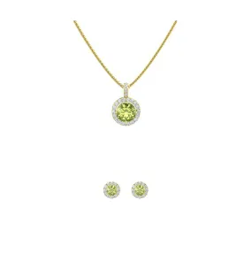 18K Yellow Gold 1/2ct Halo Peridot Round 18 Inch Necklace and Halo Earrings Set Plated