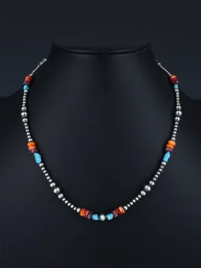 18" Native American Turquoise, Spiny Oyster and Silver Bead Necklace