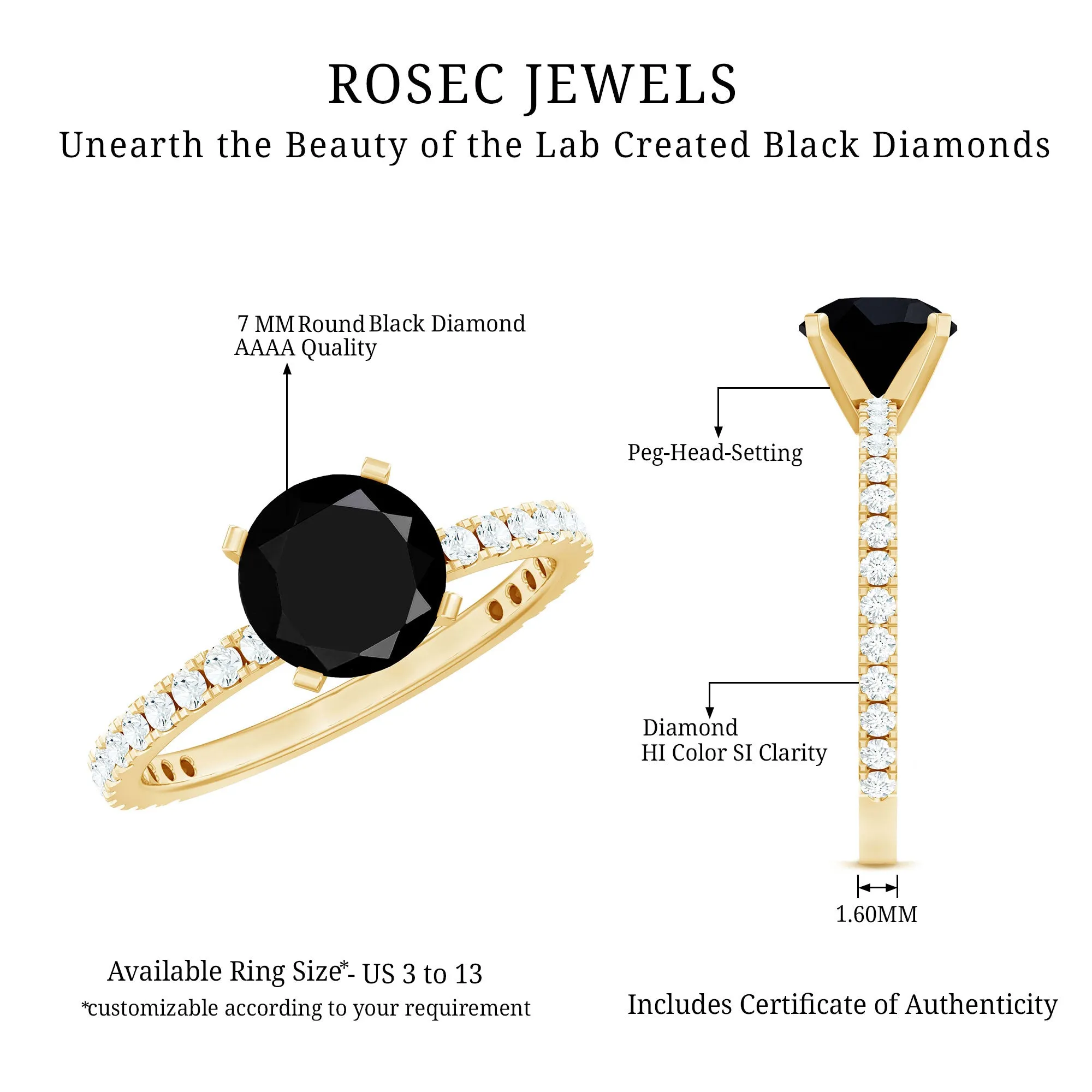 2 CT Created Black Diamond Solitaire Ring with Side Stones