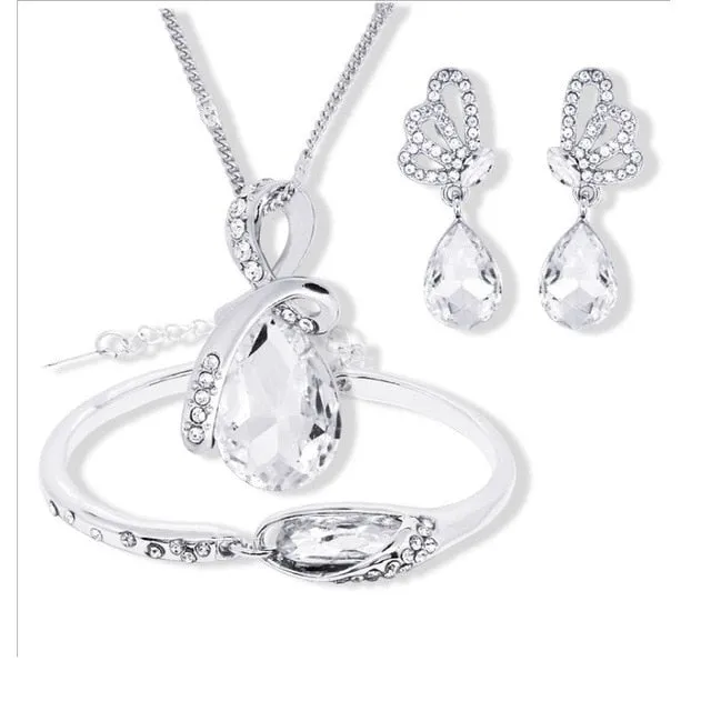 2018 New Wholesale Austrian Crystal Jewelry Sets Water Drop Pendant Necklace Stud Earring Bracelet Silver Plated Jewellery Women