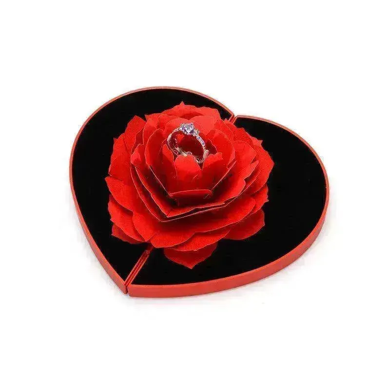 3D Love Box Heart-shaped Rose Flower Rotating Ring Box Valentines Day Gift