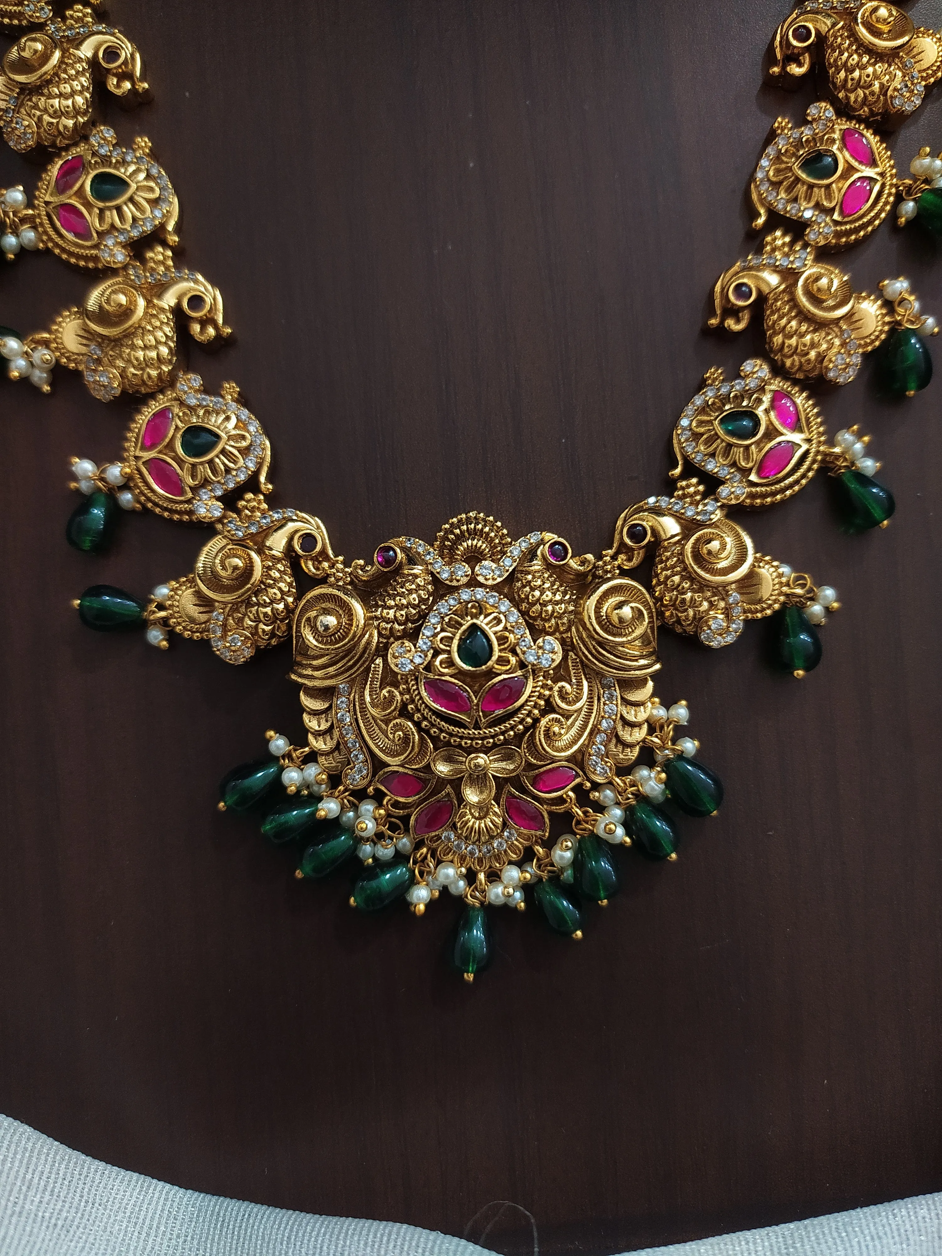 3D Peacock Design Antique Nagas Necklace Set with Kundan Stones