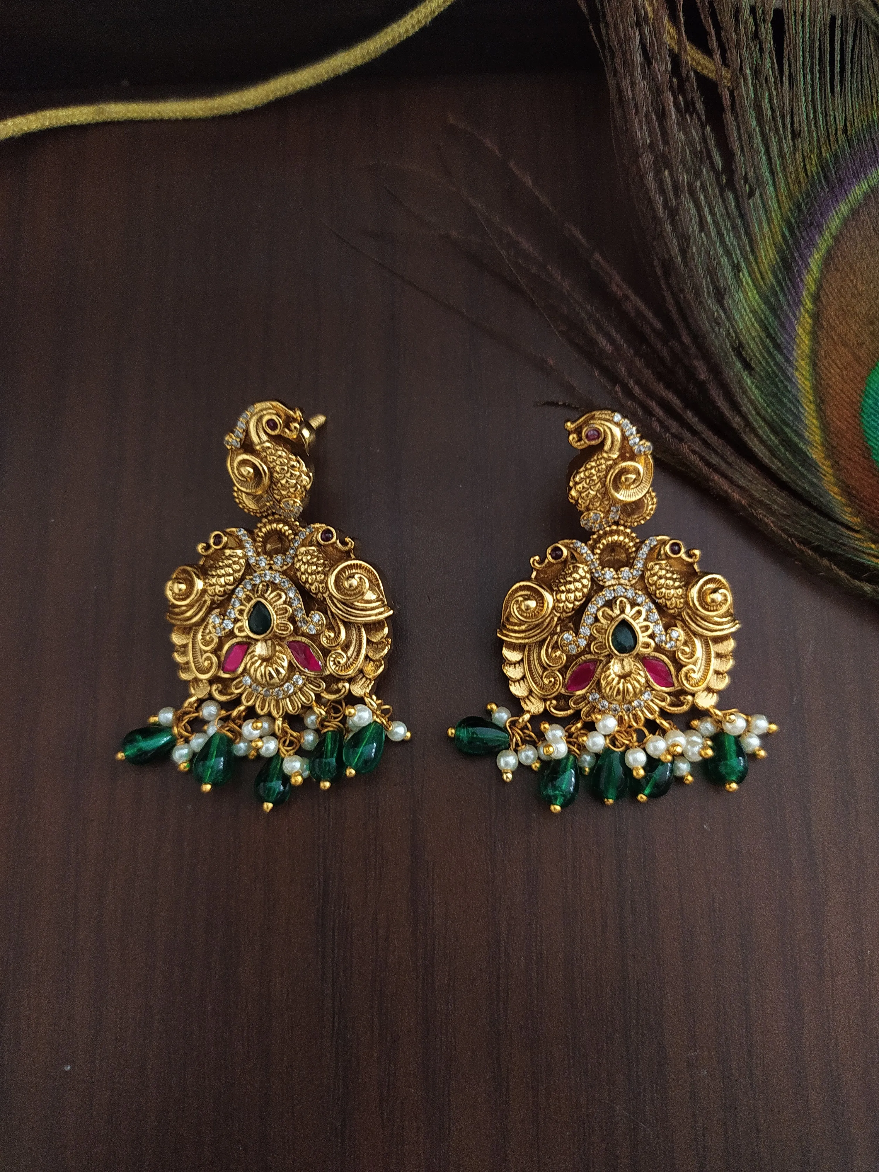 3D Peacock Design Antique Nagas Necklace Set with Kundan Stones