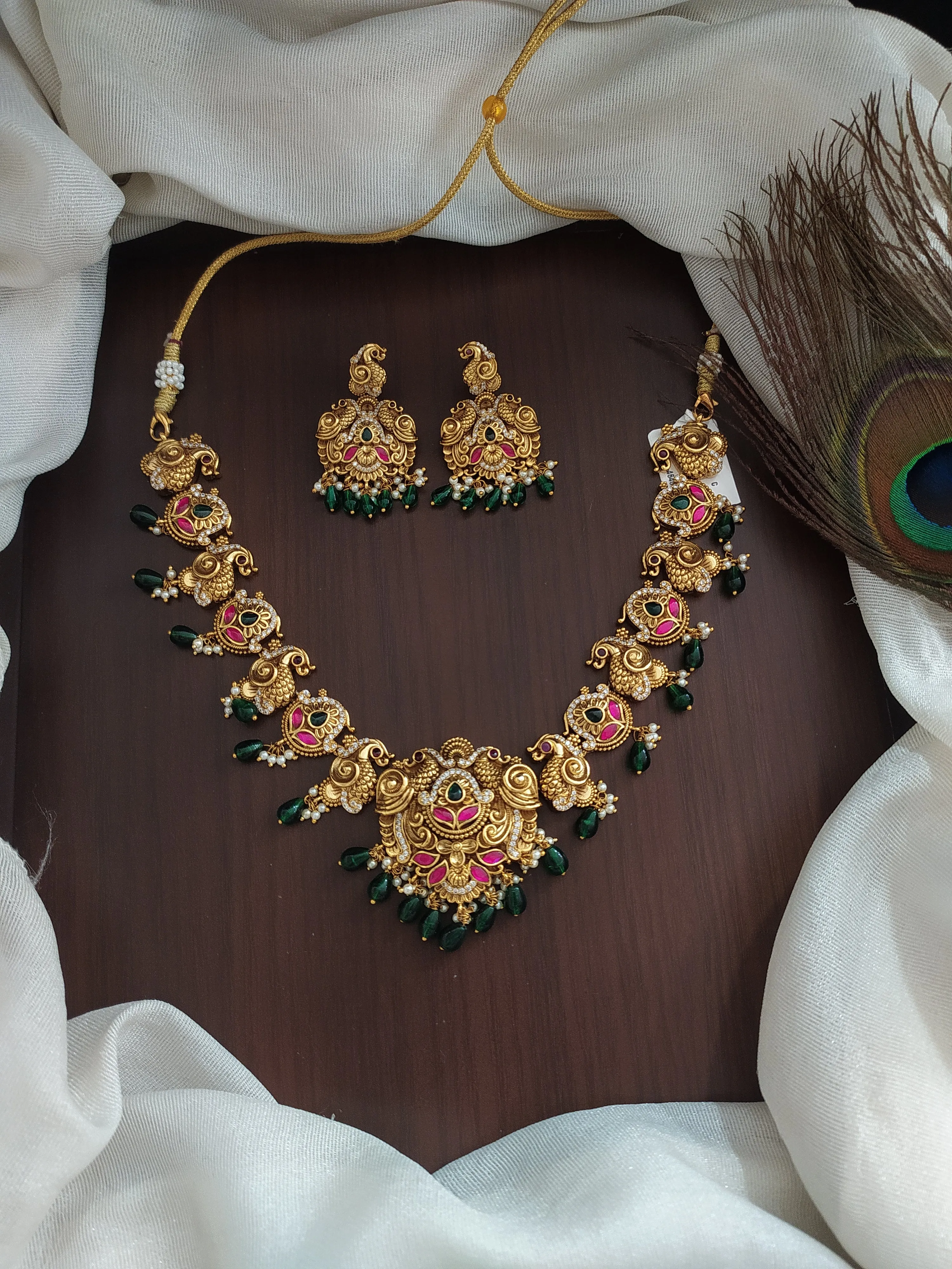 3D Peacock Design Antique Nagas Necklace Set with Kundan Stones