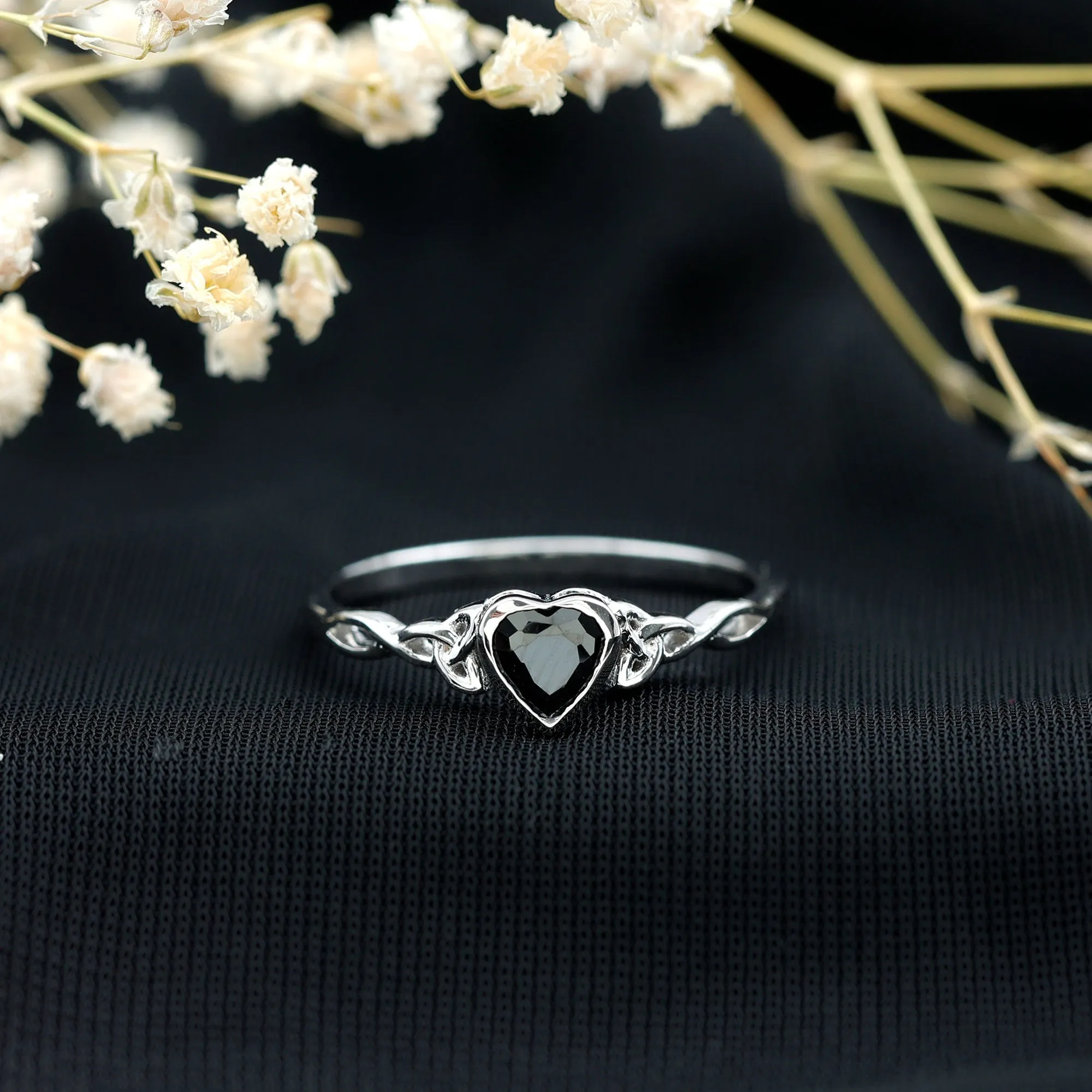 5 MM Heart Shape Lab Grown Black Diamond Solitaire Celtic Ring in Bezel Setting