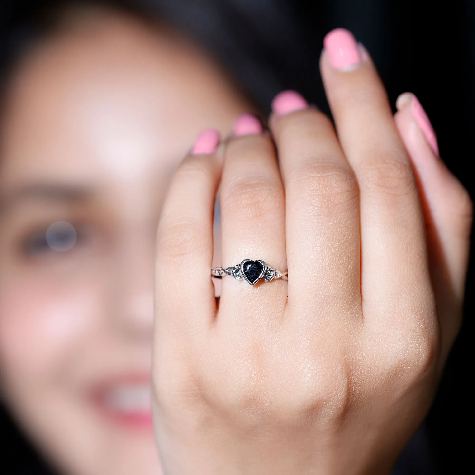 5 MM Heart Shape Lab Grown Black Diamond Solitaire Celtic Ring in Bezel Setting