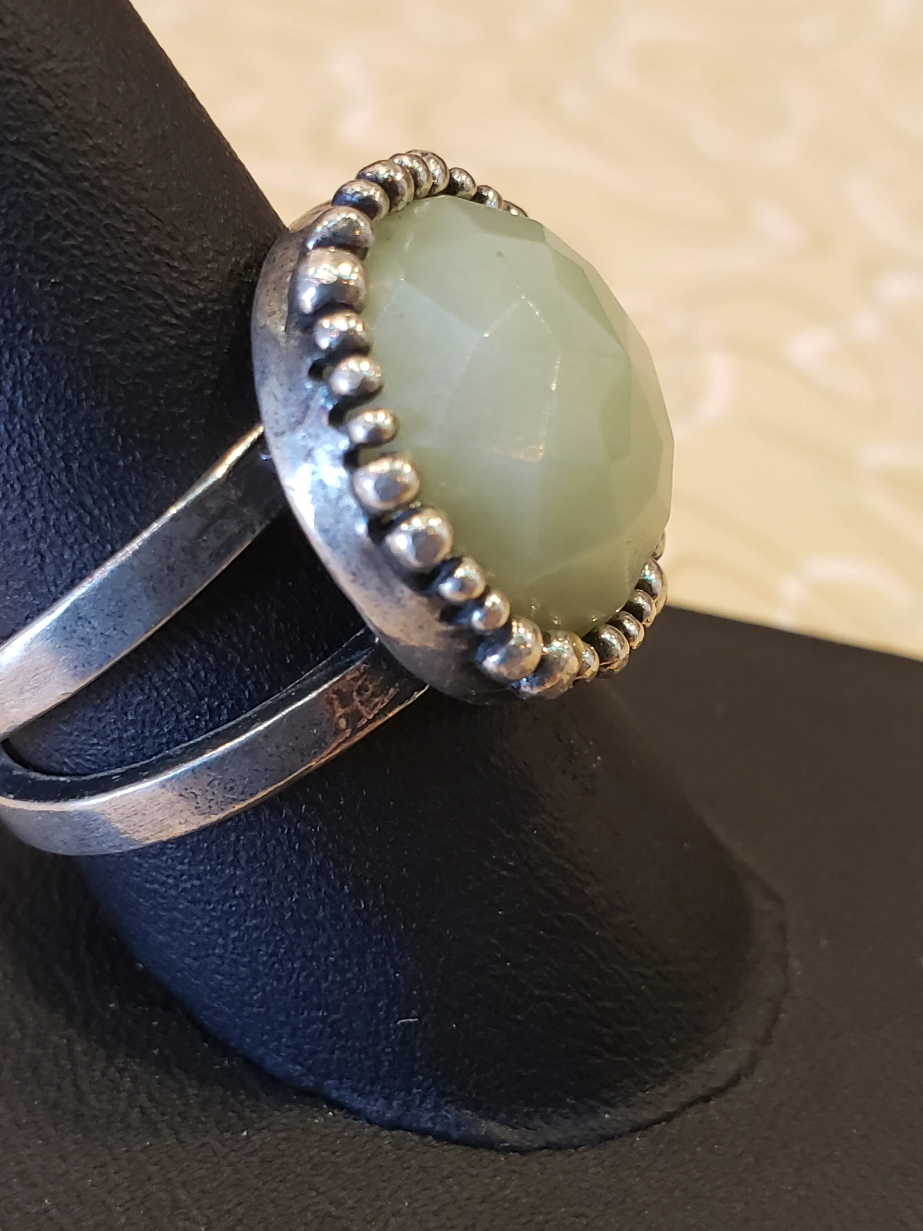 .925 Round seafoam green faceted ring size 9