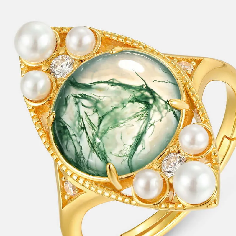 925 Silver Moss Agate and Freshwater Pearl Ring