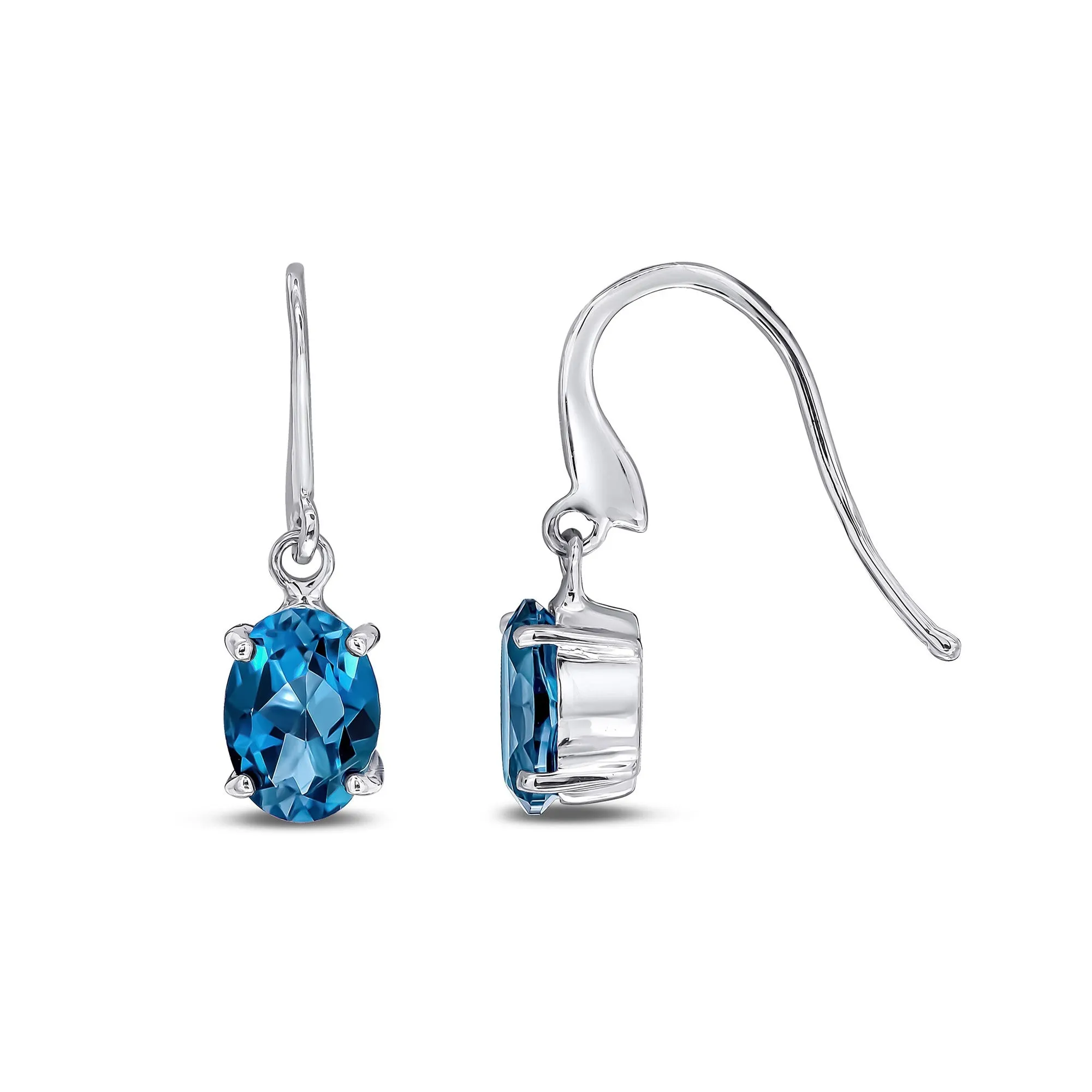 9ct White Gold Oval London Blue Topaz Hook Drop Earrings 1.80ct