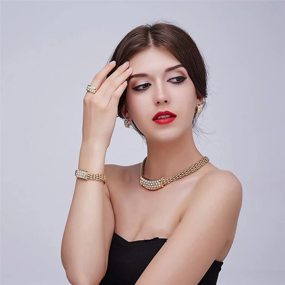 African Jewelry Sets Fine Wedding Gold Plated Crystal Necklace Set Party Women Fashion Bridal Ring Bracelet Earrings Accessories