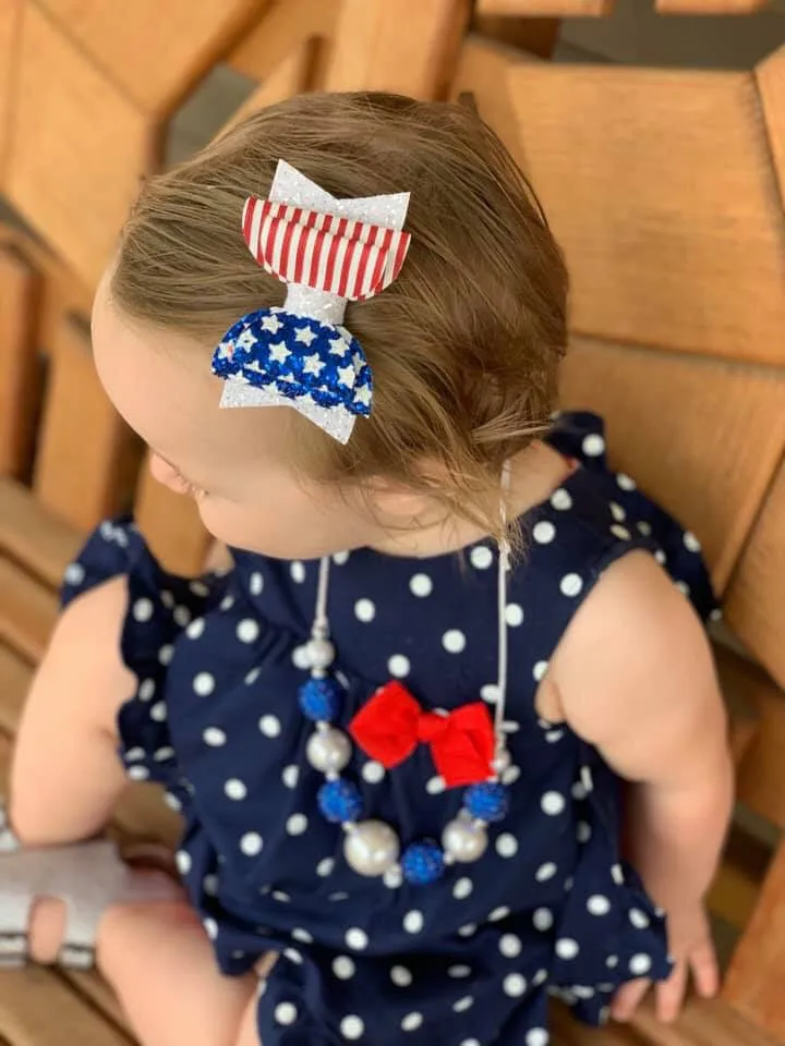 American Flag Patriotic Faux Leather Glitter Bow Headband | Hair Clip