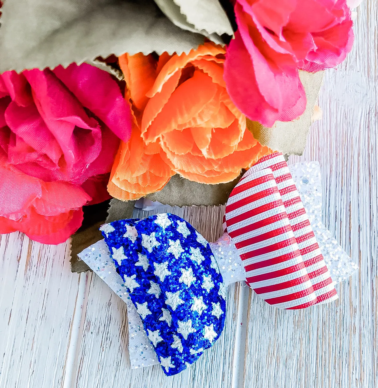 American Flag Patriotic Faux Leather Glitter Bow Headband | Hair Clip