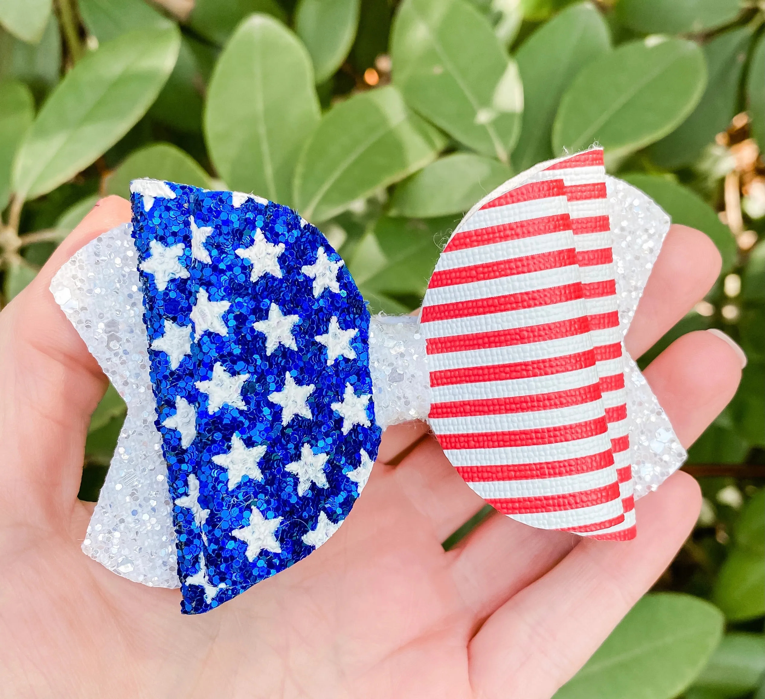 American Flag Patriotic Faux Leather Glitter Bow Headband | Hair Clip