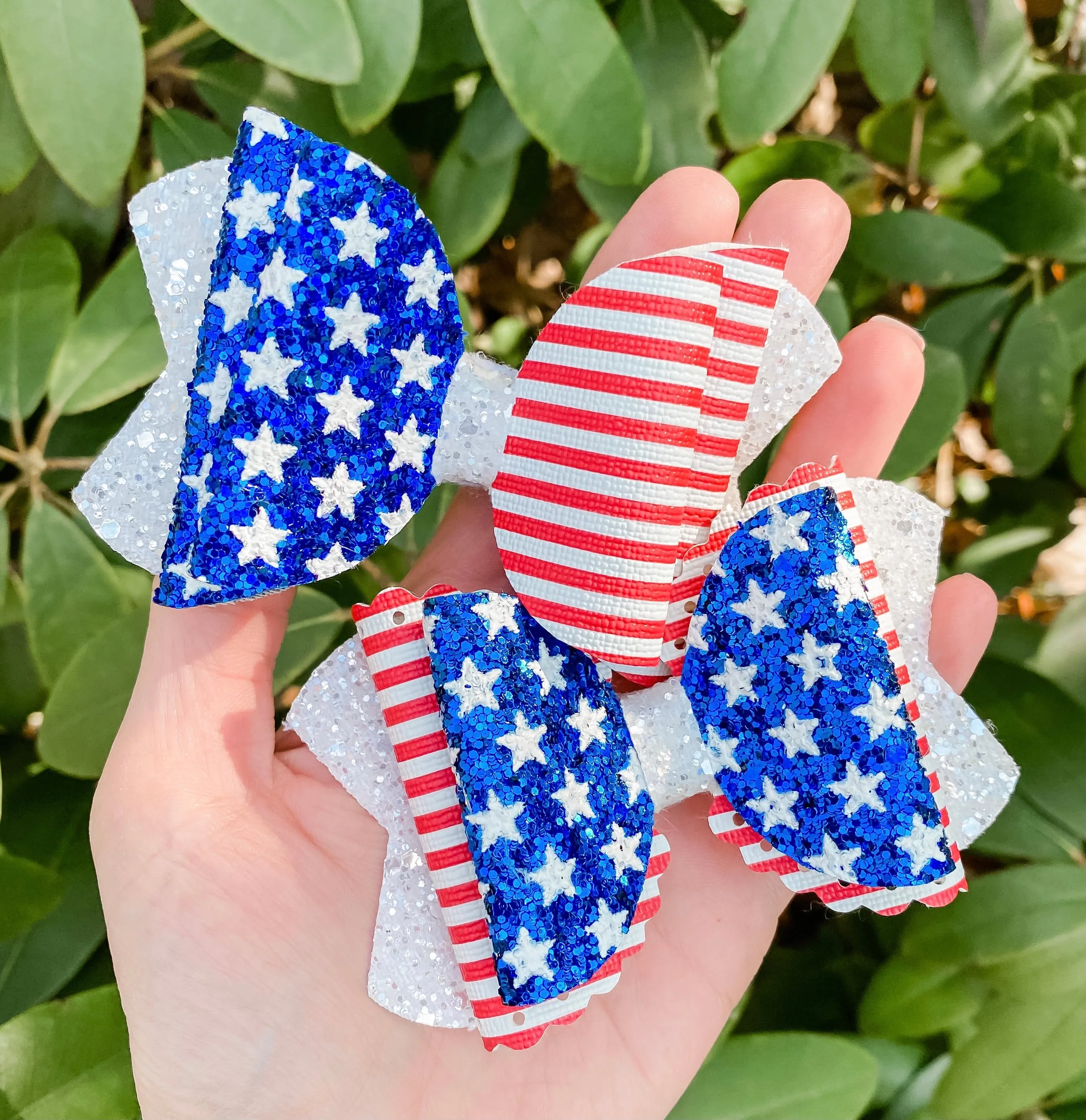 American Flag Patriotic Faux Leather Glitter Bow Headband | Hair Clip