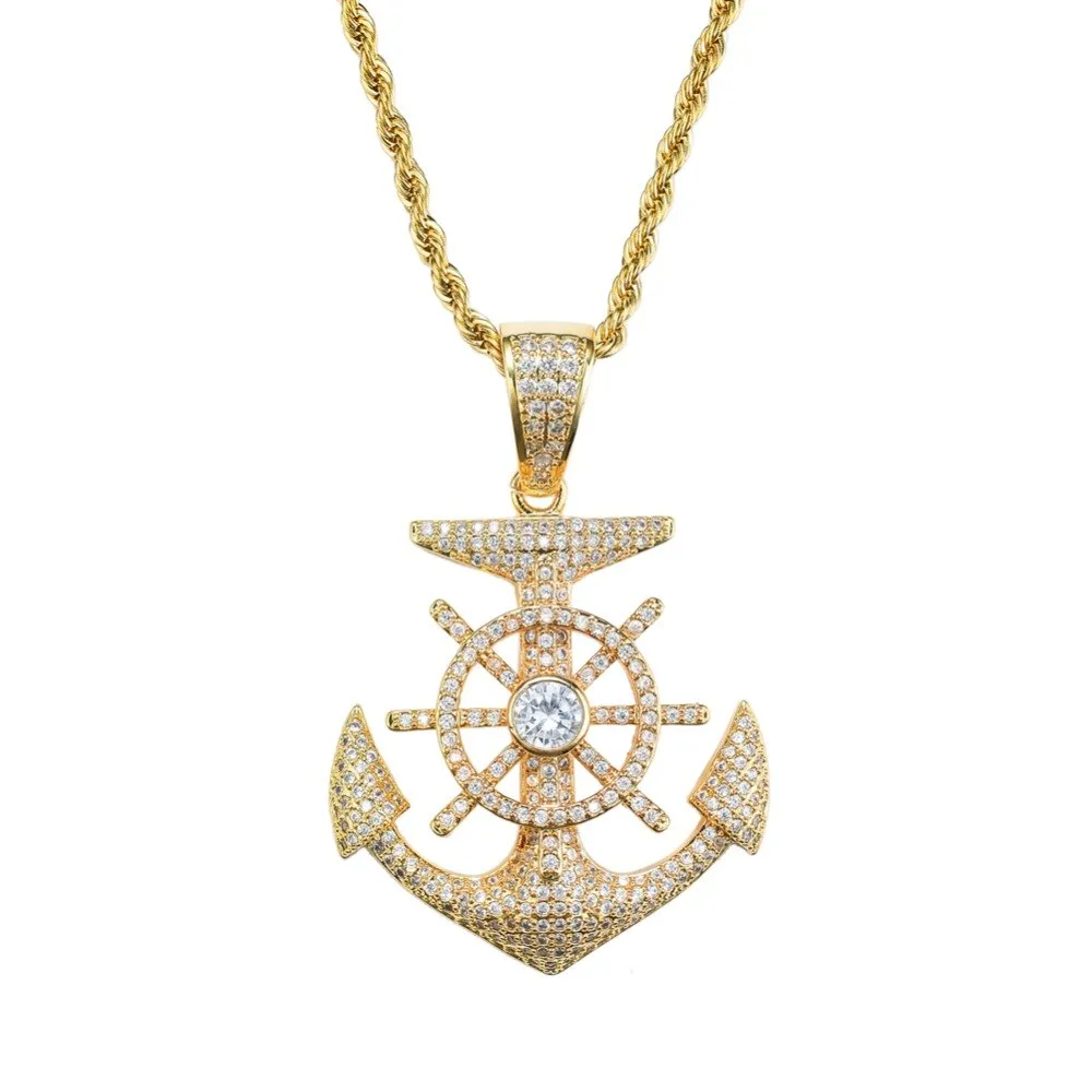 Anchor Chain Silver Color Metal Alloy Sailor Boat Necklace Simulated Diamonds Gold Anchor Pendant Rope Twist Chain 24in.