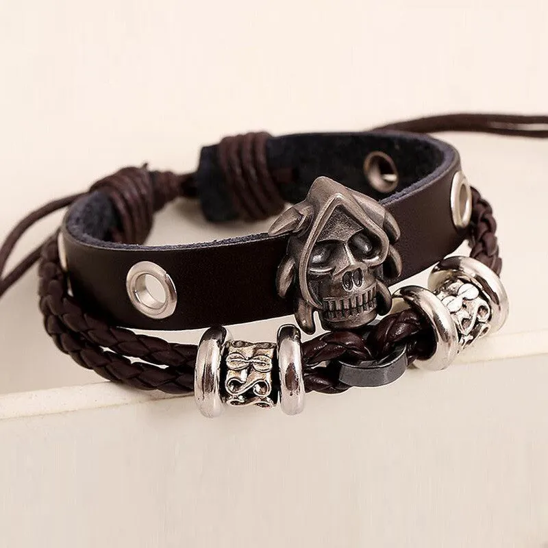 Antique Alloy Gothic Skull Studded Charm Bracelets Black Leather Braided Multilayer Cuff Bangle & Bracelet For Women Men Jewelry