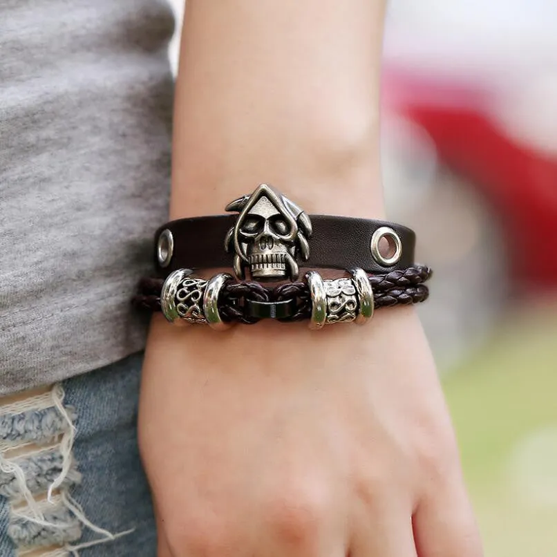 Antique Alloy Gothic Skull Studded Charm Bracelets Black Leather Braided Multilayer Cuff Bangle & Bracelet For Women Men Jewelry